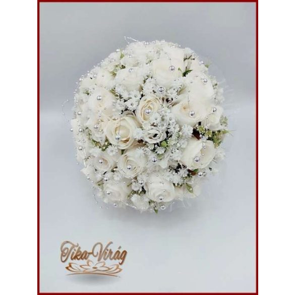 25 szálas fehér rózsás-ezüst díszítésű örök-csokor 