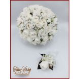 25 szálas fehér rózsás-ezüst díszítésű örök-csokor + kitűzővel 