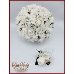   25 szálas fehér rózsás-ezüst díszítésű örök-csokor + kitűzővel 