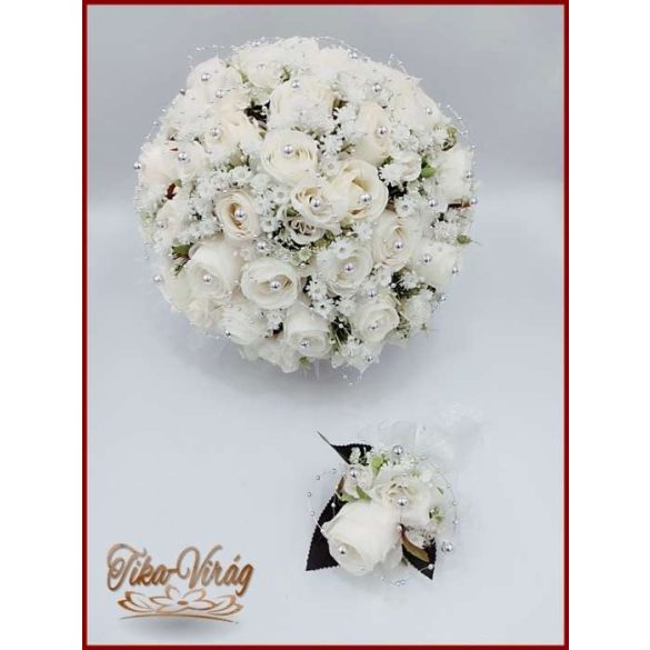 25 szálas fehér rózsás-ezüst díszítésű örök-csokor + kitűzővel 