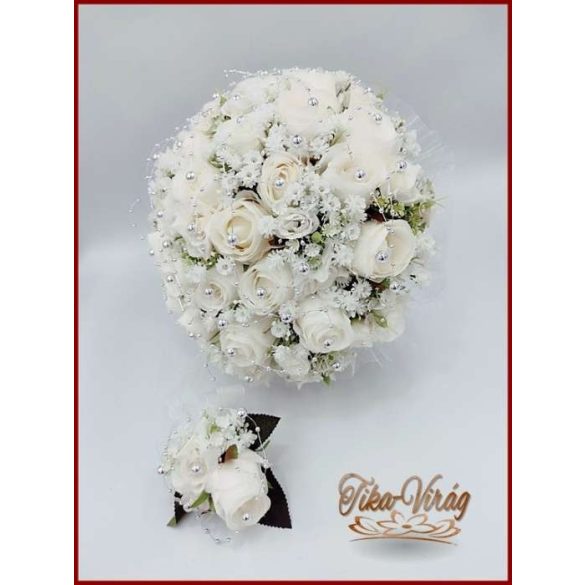 25 szálas fehér rózsás-ezüst díszítésű örök-csokor + kitűzővel 
