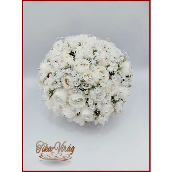 25 szálas fehér rózsás-ezüst díszítésű örök-csokor + kitűzővel 