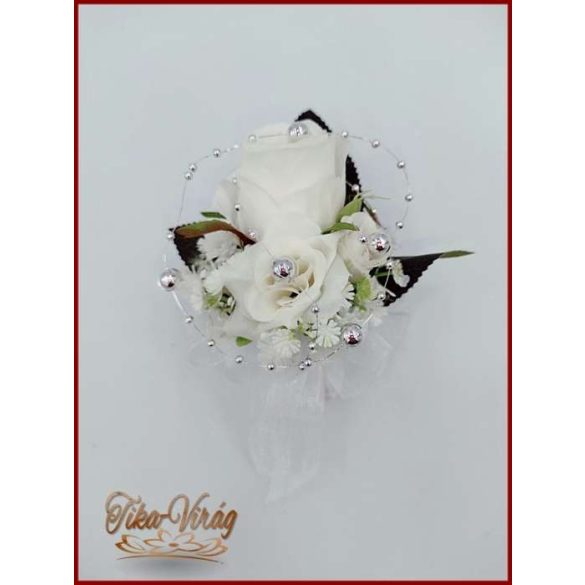 25 szálas fehér rózsás-ezüst díszítésű örök-csokor + kitűzővel 