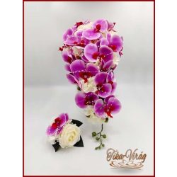 Lila orchideás - fehér rózsás örök-csokor + kitűző 