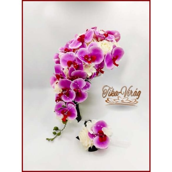 Lila orchideás - fehér rózsás örök-csokor + kitűző 