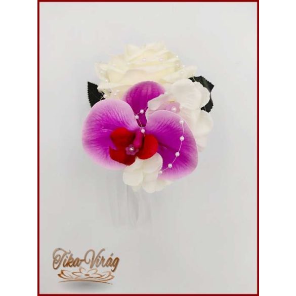 Lila orchideás - fehér rózsás örök-csokor + kitűző 