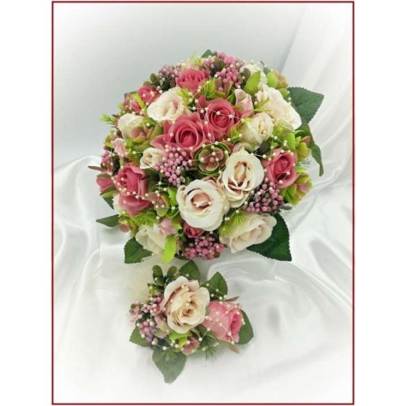 Antik-rózsaszínű-rózsákból álló örök-csokor + kitűzővel 