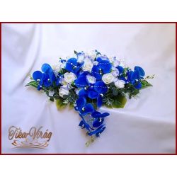 Kék-orchideás- fehér rózsákkal örök-asztaldísz 