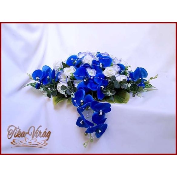 Kék-orchideás- fehér rózsákkal örök-asztaldísz 