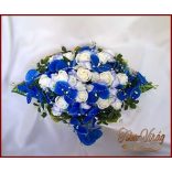 Kék-orchideás- fehér rózsákkal örök-asztaldísz 