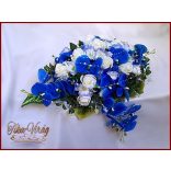 Kék-orchideás- fehér rózsákkal örök-asztaldísz 