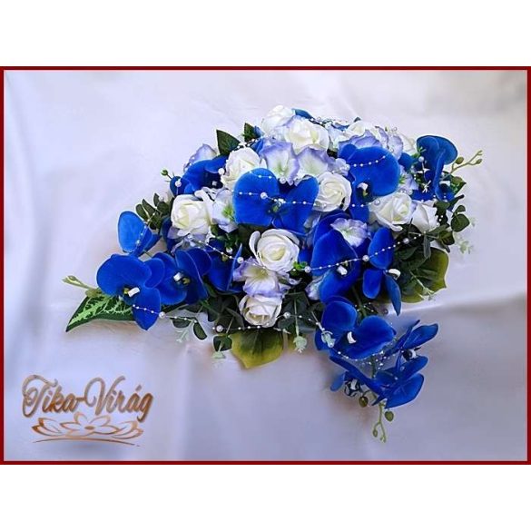 Kék-orchideás- fehér rózsákkal örök-asztaldísz 