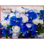 Kék-orchideás- fehér rózsákkal örök-asztaldísz 