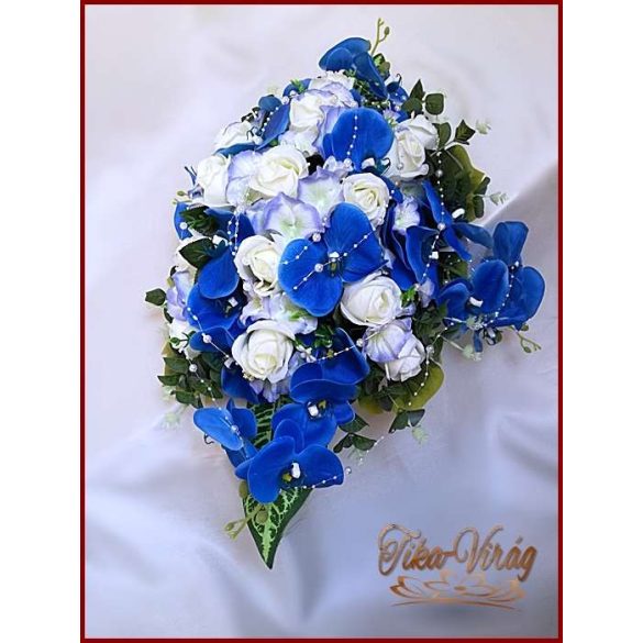 Kék-orchideás- fehér rózsákkal örök-asztaldísz 