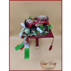   Ovis ballagási örök csokor fiúknak – piros terepjárós egyedi ajándék