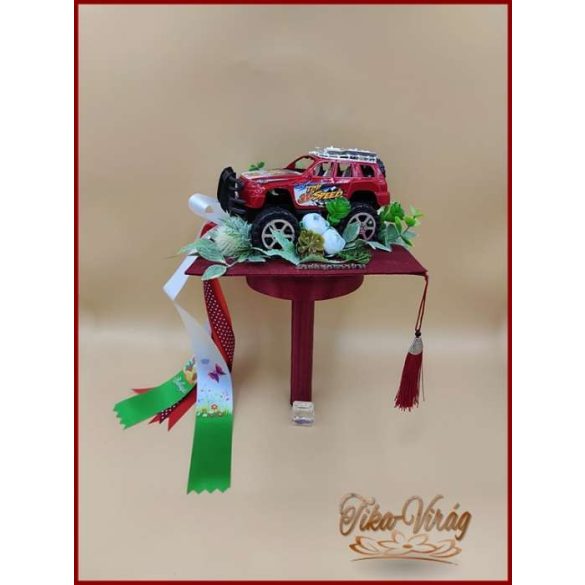 Ovis ballagási örök csokor fiúknak – piros terepjárós egyedi ajándék