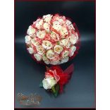 Burgundi díszítésű pasztell-mályvás 34 virágos örök-csokor+kitűzővel 