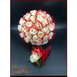   Burgundi díszítésű pasztell-mályvás 34 virágos örök-csokor+kitűzővel 