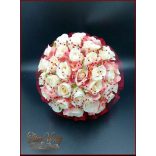 Burgundi díszítésű pasztell-mályvás 34 virágos örök-csokor+kitűzővel 