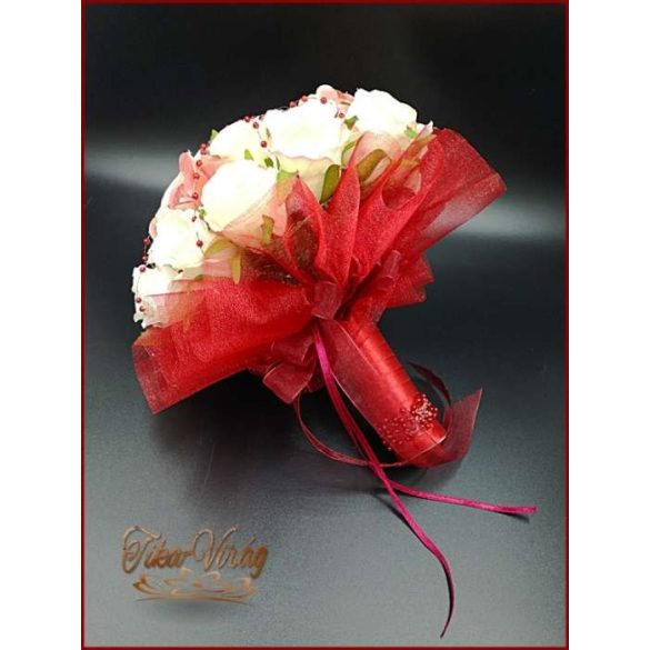 Burgundi díszítésű pasztell-mályvás 34 virágos örök-csokor+kitűzővel 