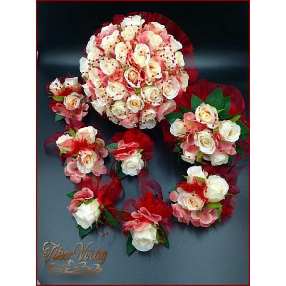 Burgundi díszítésű pasztell-mályvás 34 virágos örök-csokor+kitűzővel 