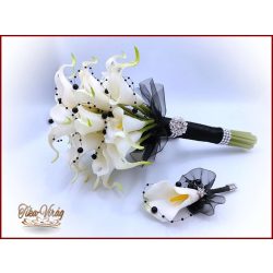   24 virágos Fehér Kála örök-csokor fekete díszítéssel + kitűzővel 