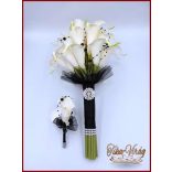 24 virágos Fehér Kála örök-csokor fekete díszítéssel + kitűzővel 