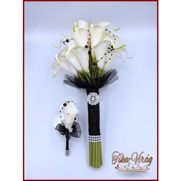 24 virágos Fehér Kála örök-csokor fekete díszítéssel + kitűzővel 