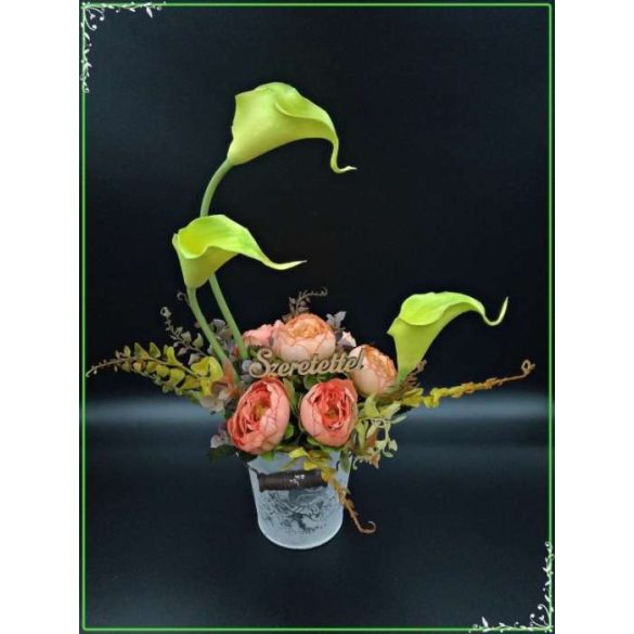 Zöld kálás-boglárkás vödör "Szeretettel"-táblácskával Home-dekor 