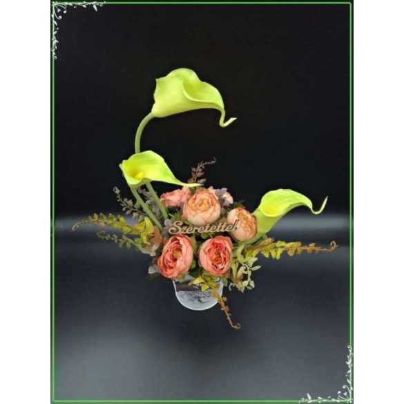 Zöld kálás-boglárkás vödör "Szeretettel"-táblácskával Home-dekor 