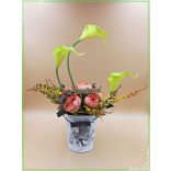 Zöld kálás-boglárkás vödör "Szeretettel"-táblácskával Home-dekor 