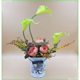 Zöld kálás-boglárkás vödör "Szeretettel"-táblácskával Home-dekor 