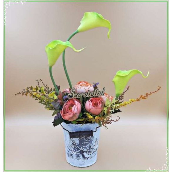 Zöld kálás-boglárkás vödör "Szeretettel"-táblácskával Home-dekor 