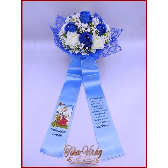 Ballagási örök csokor – kék és fehér rózsás egyedi ajándék