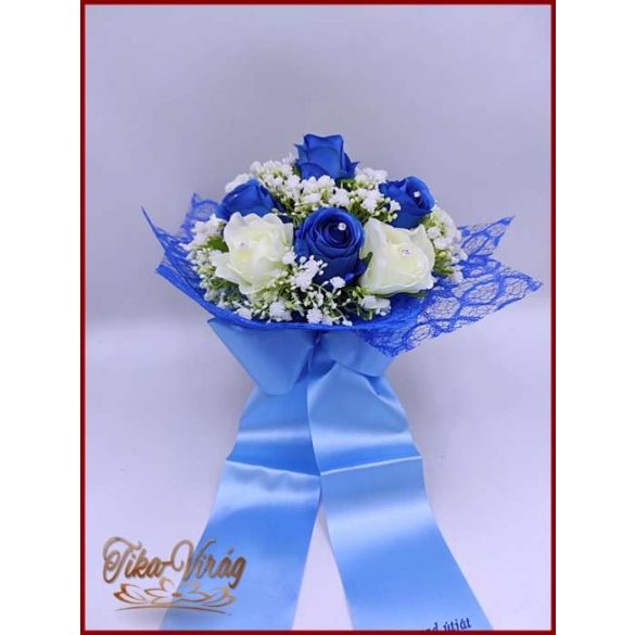 Ballagási örök csokor – kék és fehér rózsás egyedi ajándék