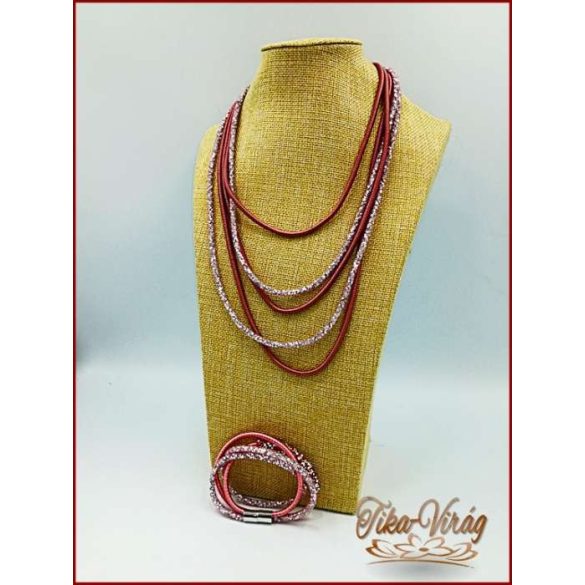 Divat-ékszer mályvás-színű, hosszú nyaklánc+karkötő 