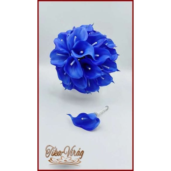 30 virágos Király-kék kálás örök-csokor + kitűzővel 