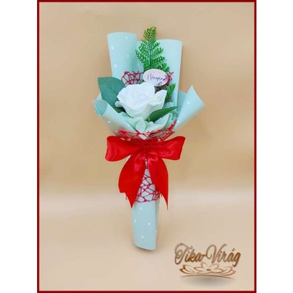 Fehér nagy szappanrózsa táblácskával díszcsomagolásban 