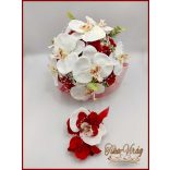 Fehér orchideák - piros rózsákkal örök-csokor + kitűzővel 