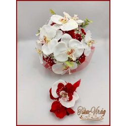   Fehér orchideák - piros rózsákkal örök-csokor + kitűzővel 