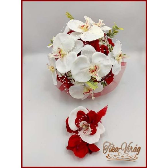 Fehér orchideák - piros rózsákkal örök-csokor + kitűzővel 