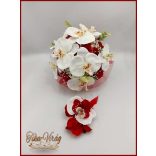 Fehér orchideák - piros rózsákkal örök-csokor + kitűzővel 