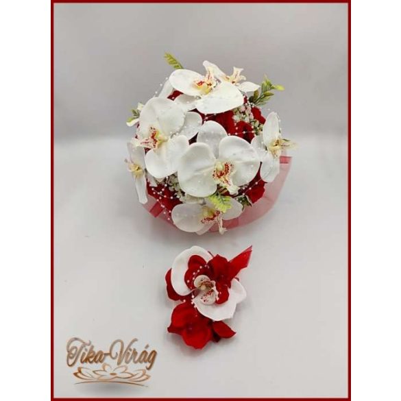 Fehér orchideák - piros rózsákkal örök-csokor + kitűzővel 
