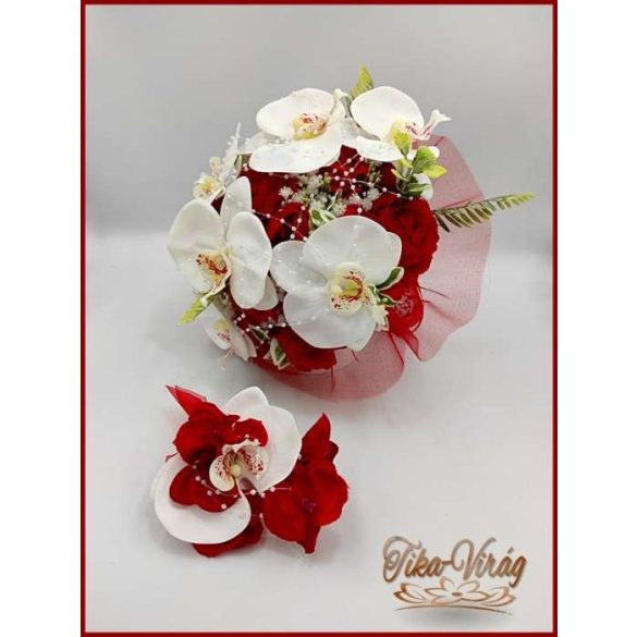Fehér orchideák - piros rózsákkal örök-csokor + kitűzővel 