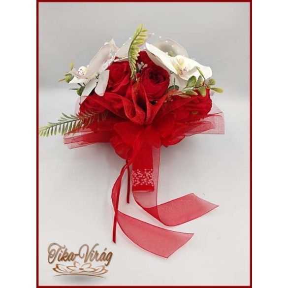 Fehér orchideák - piros rózsákkal örök-csokor + kitűzővel 