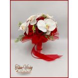 Fehér orchideák - piros rózsákkal örök-csokor + kitűzővel 