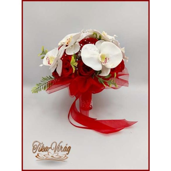 Fehér orchideák - piros rózsákkal örök-csokor + kitűzővel 