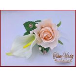 Púder-rózsaszín rózsás-fehér kálás kitűző, bokréta 