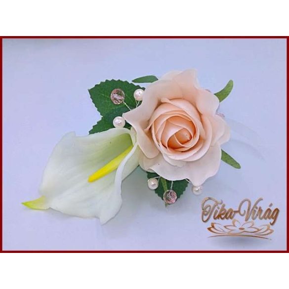 Púder-rózsaszín rózsás-fehér kálás kitűző, bokréta 