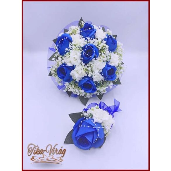 Király-kék 7 virágos örök-csokor + kitűzővel 
